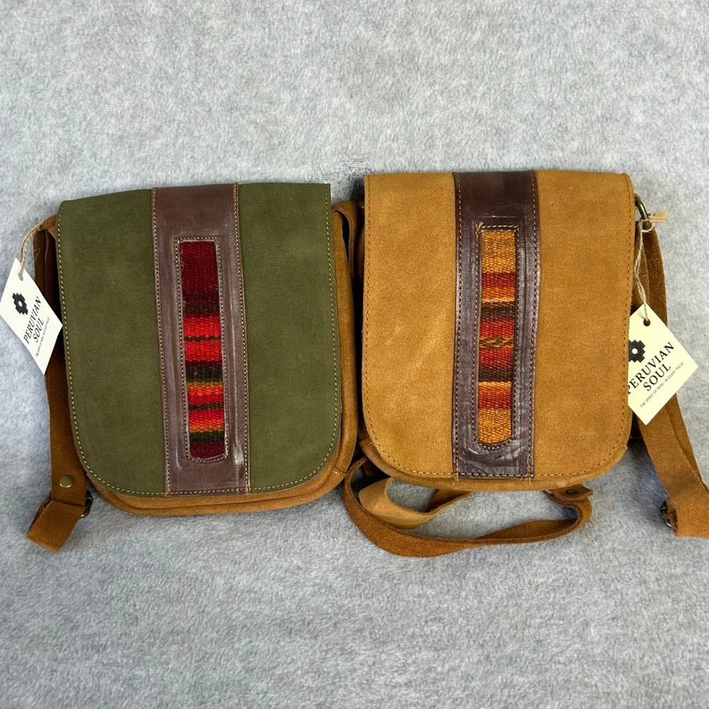 PERUVIAN SOUL Suede & Manta Messenger Bag‎ Olive Adjustable Strap Handcrafted